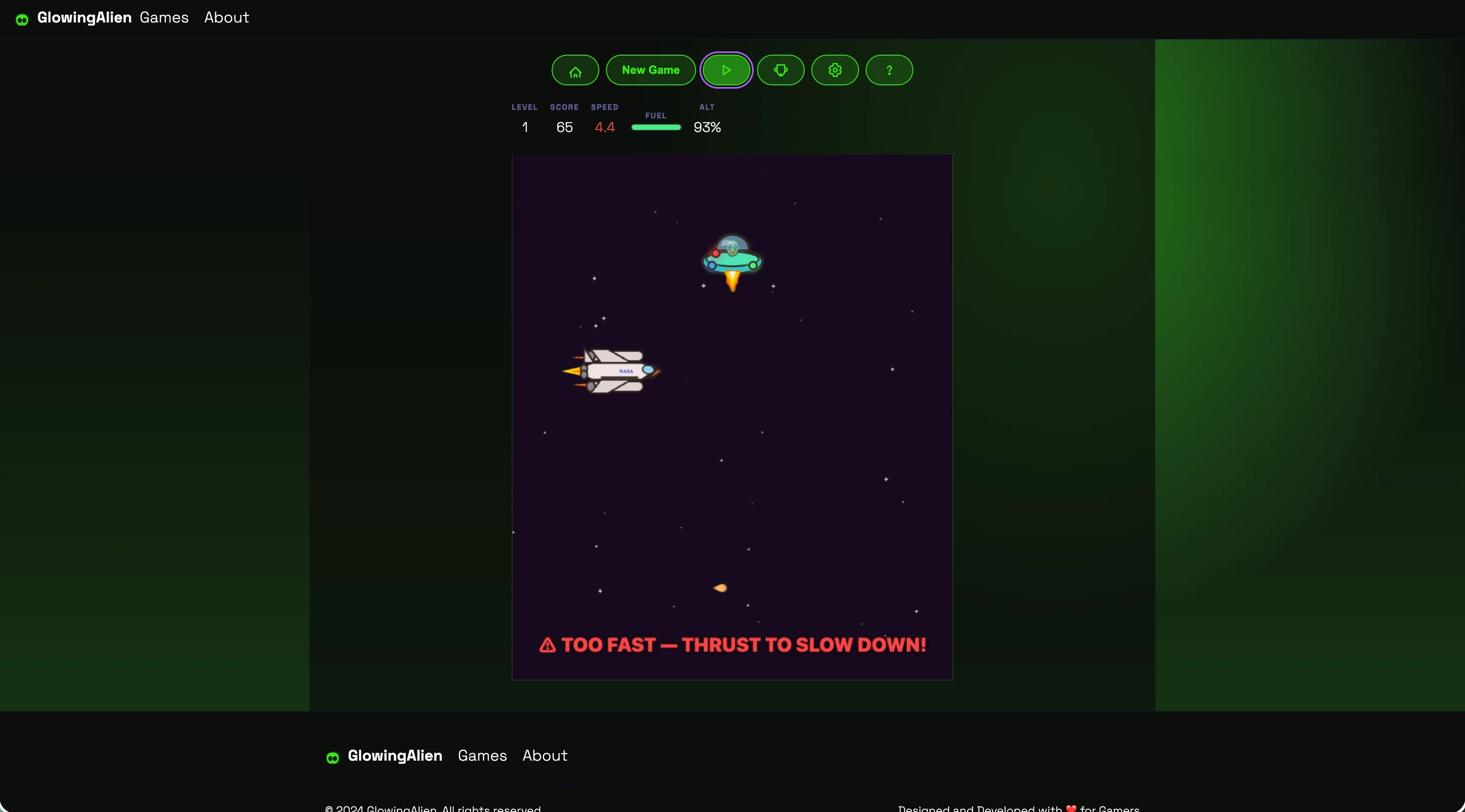 Screenshot of the Arrival game on GlowingAlien.com