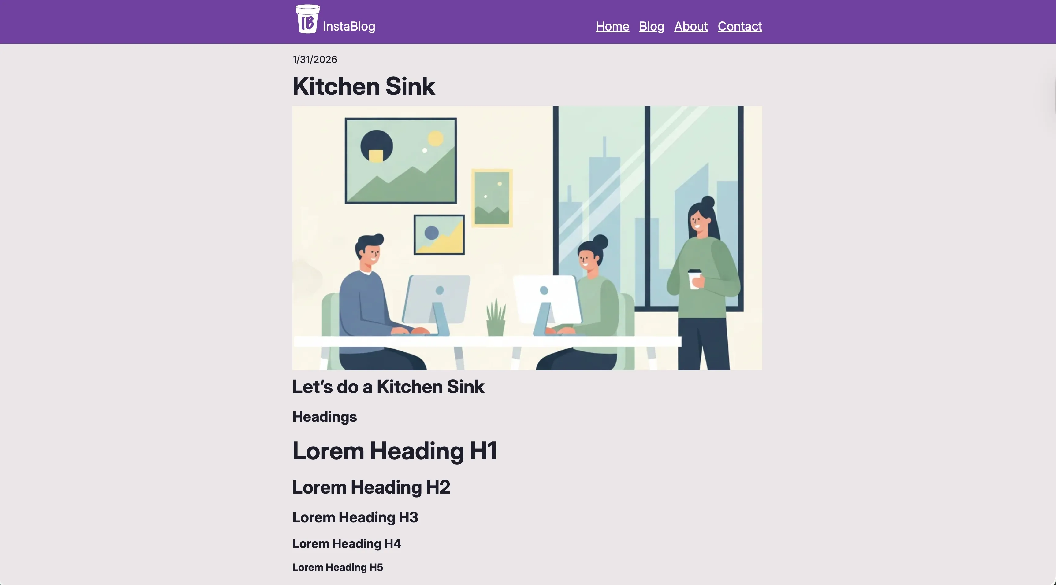 Kitchen sink screenshot of the Instablog Astro Starter showing various components and styles