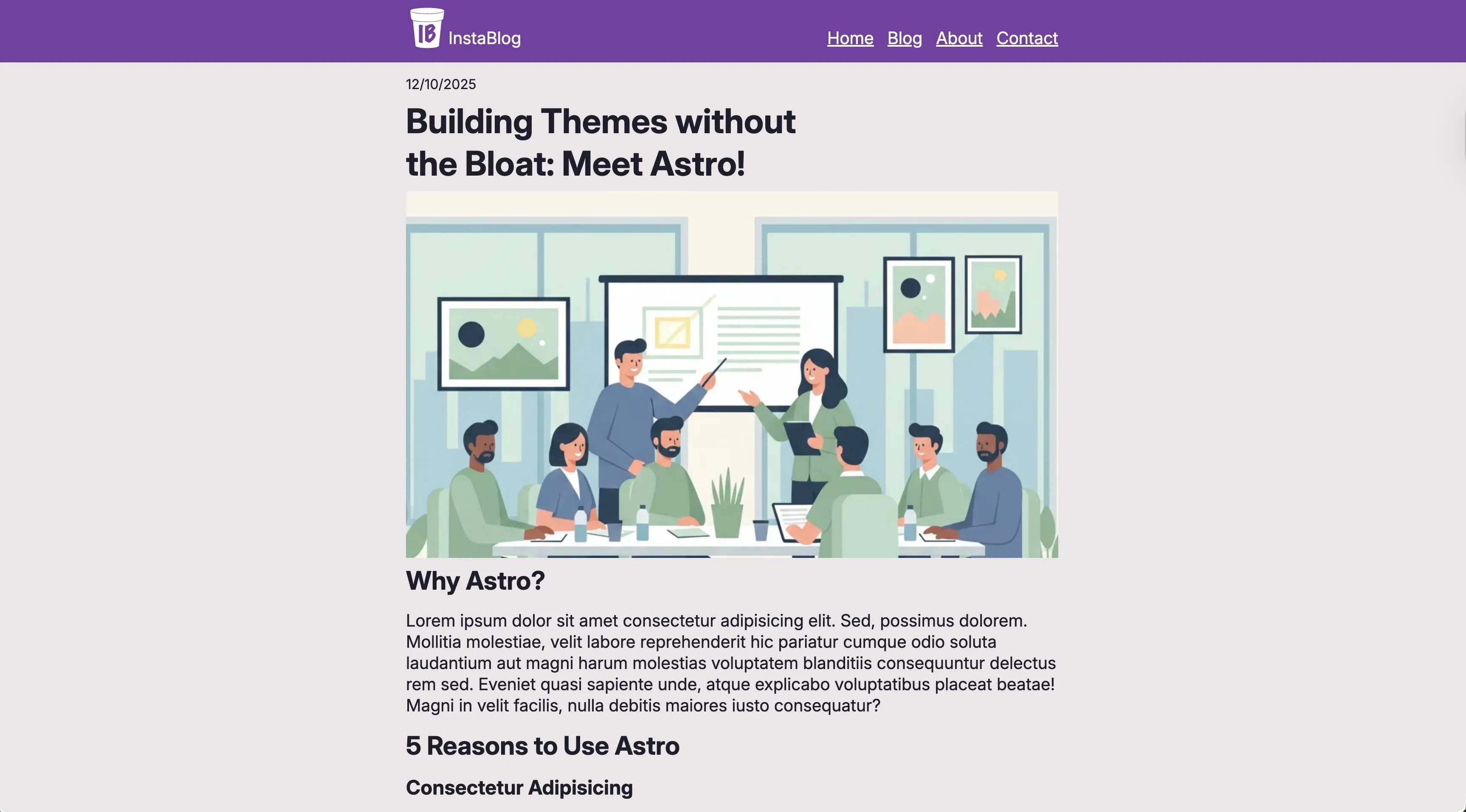 Post screenshot of the Instablog Astro Starter showing the content area